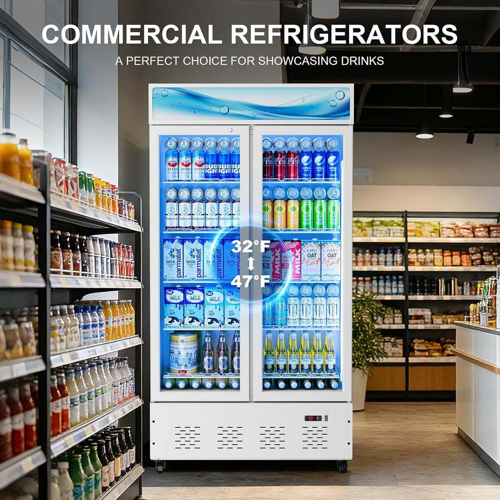 42'W Commercial Glass Door Display Refrigerator 30 Cu.ft White Cooler Beverage Fridge with LED Light and 10 Shelves for Cafe Restaurant Store Bar
