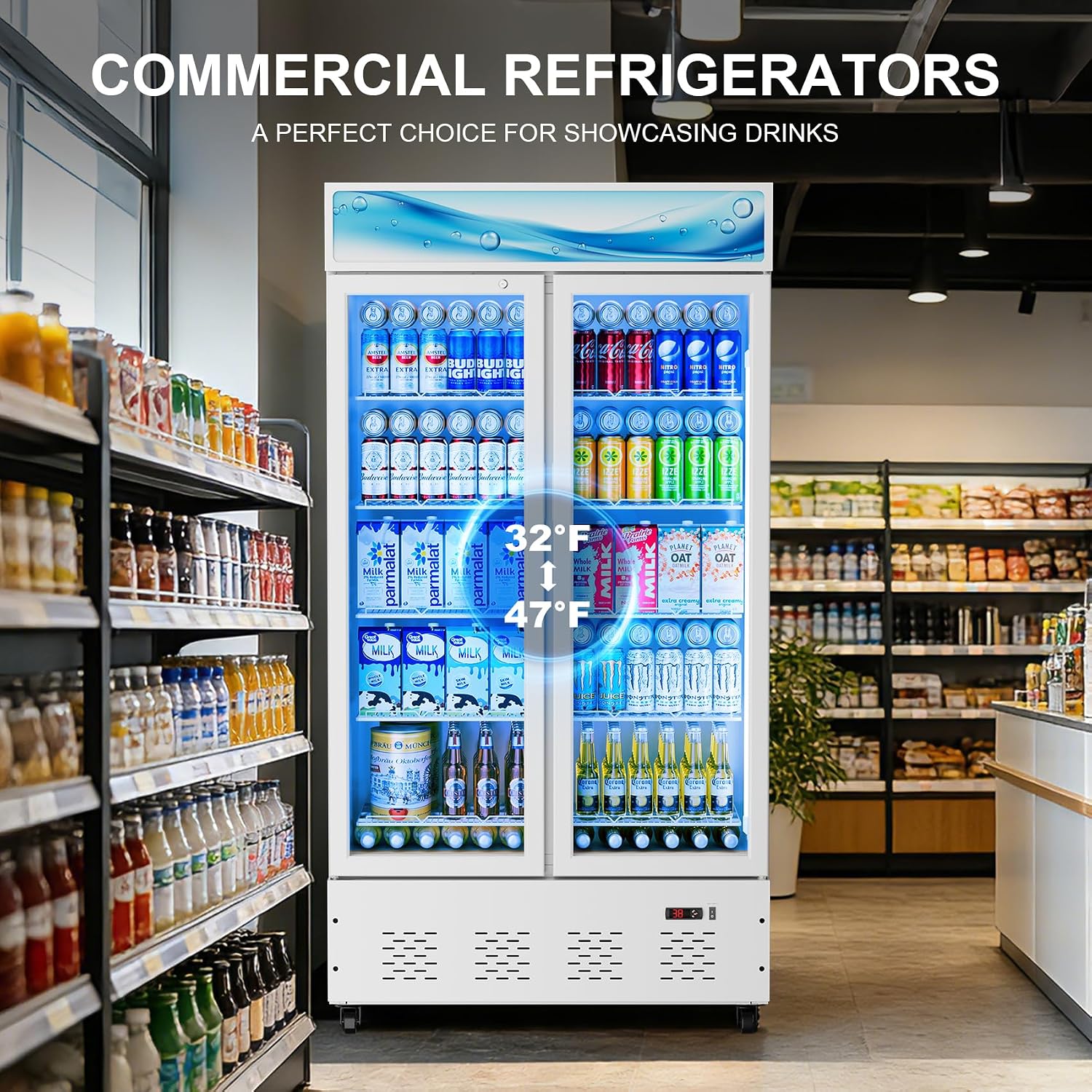 42'W Commercial Glass Door Display Refrigerator 30 Cu.ft White Cooler Beverage Fridge with LED Light and 10 Shelves for Cafe Restaurant Store Bar