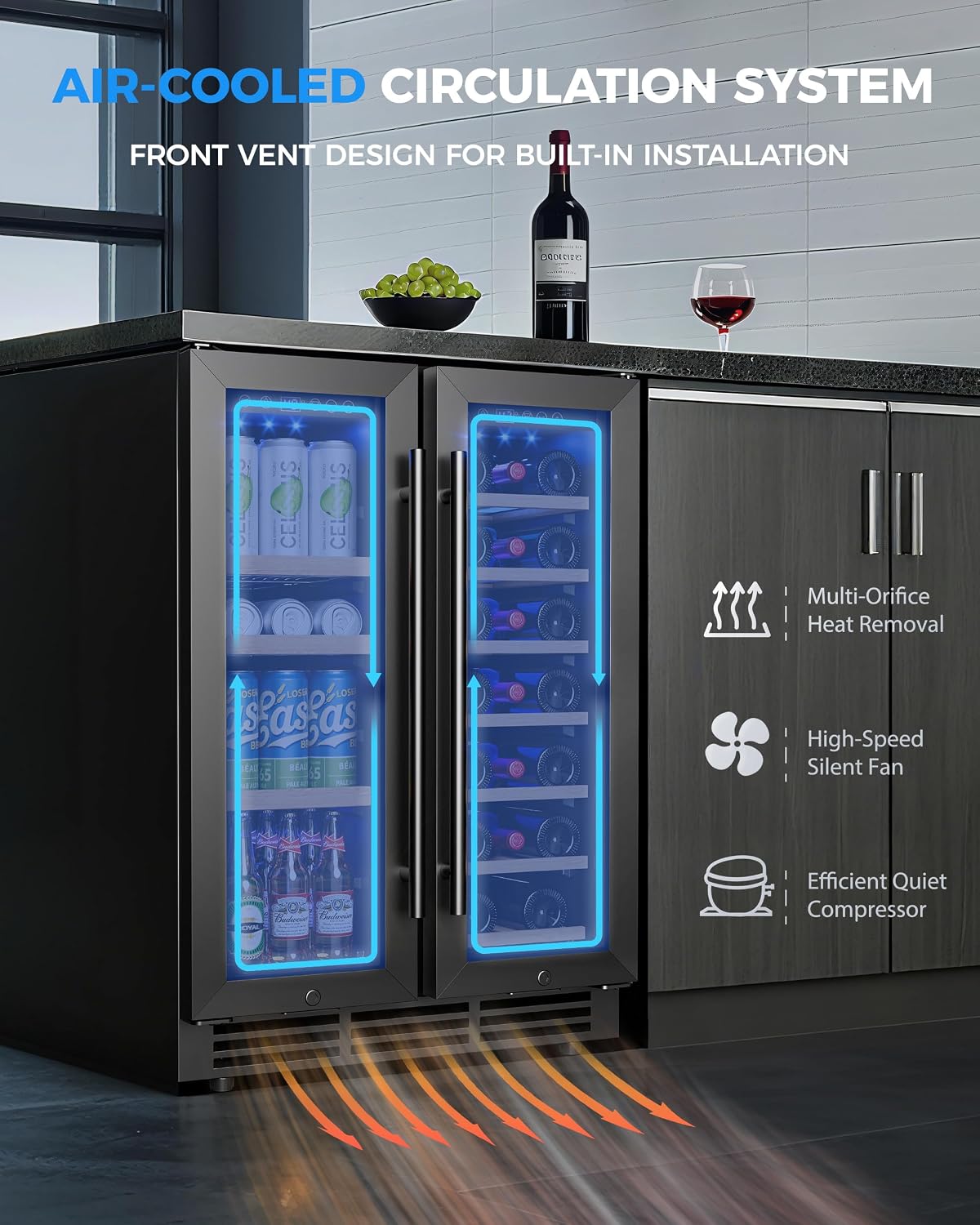 Wine and Beverage Refrigerator, 24 Inch Beverage Refrigerator with Glass Door, Wine Fridge Holds 20 Bottles & 60 Cans, Under Counter Refrigerator with Quiet Cooling System & LED Light