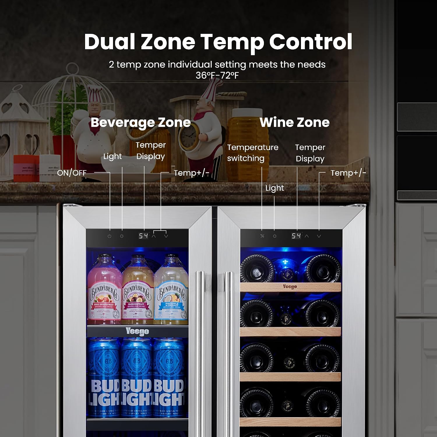Yeego Wine and Beverage Refrigerator - 24 Inch Dual Zone Wine Fridge 60 Can & 20 Bottle, 36-72°F Cooler Built in Under Counter Fridge with Glass Door for Beer Soda Drink Home Bar Office