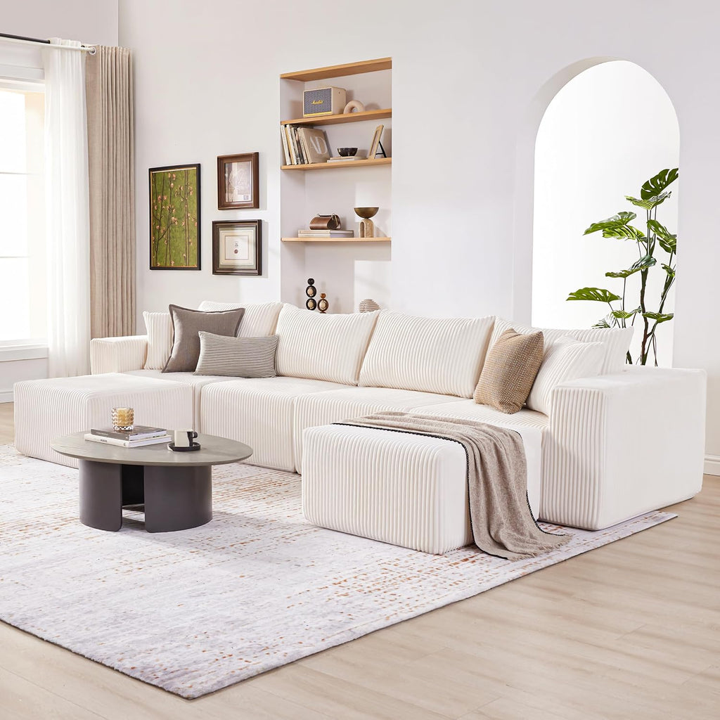 Weture 135.4' Cloud Couch Sectional, Modular Sectional Sofa with Deep Seat, Plush Corduroy U Shaped Boneless Couch, Convertible Sectional Couches for Living Room, 6Seat, Beige