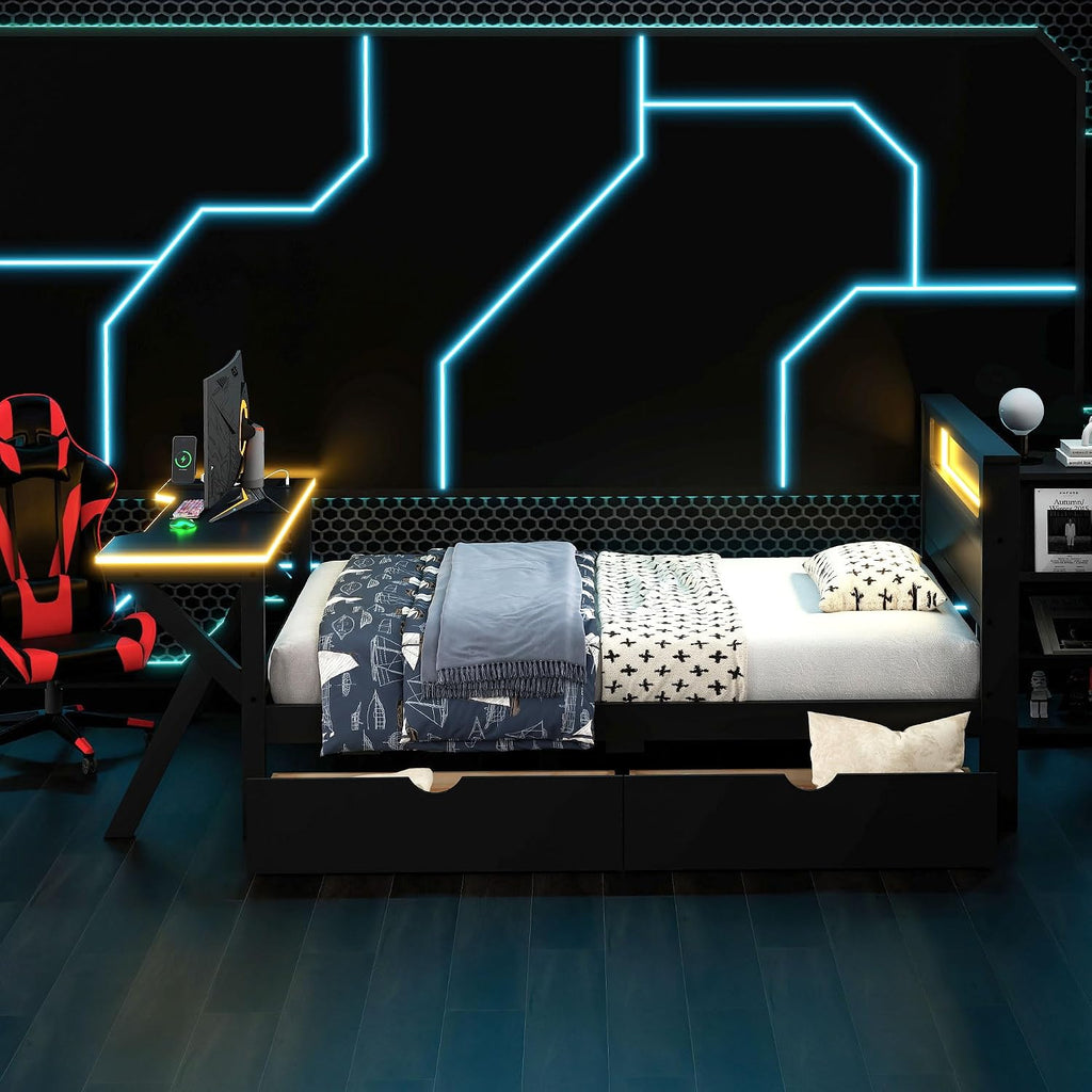 Harper & Bright Designs Twin Size Gaming Loft Bed with Charging Station & LED Headboard, Built-in Desk with Outlets & USB/Type-C Ports, 2 Storage Drawers for Modern Living, Black