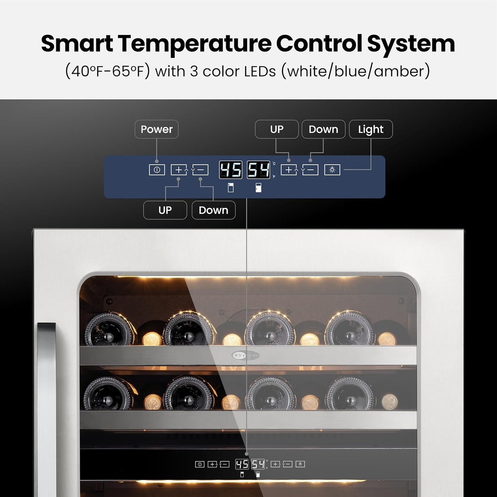 Whynter 46 Bottle Wine Cooler Refrigerator, 24 Inch Wine Fridge Dual Zone, 40-65°F Wine Refrigerator, 3 LED Wine Cellar Glass Door, Built-in or Freestanding for Home Bar Kitchen Office(5.65 cu.ft)