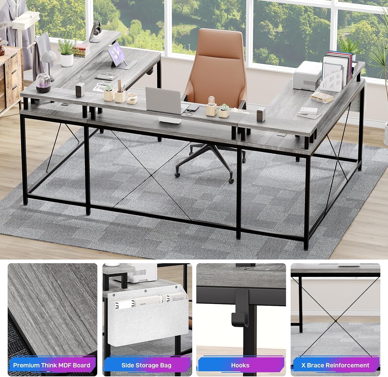 126' U Shaped Gaming Desk, Power Outlets & USB Ports, Reversible Corner Computer Desk with Monitor Stand, RGB LED Lights, Storage Shelves & Bag, Gaming Desk for Home Office, Tiger Stripes, Grey Oak