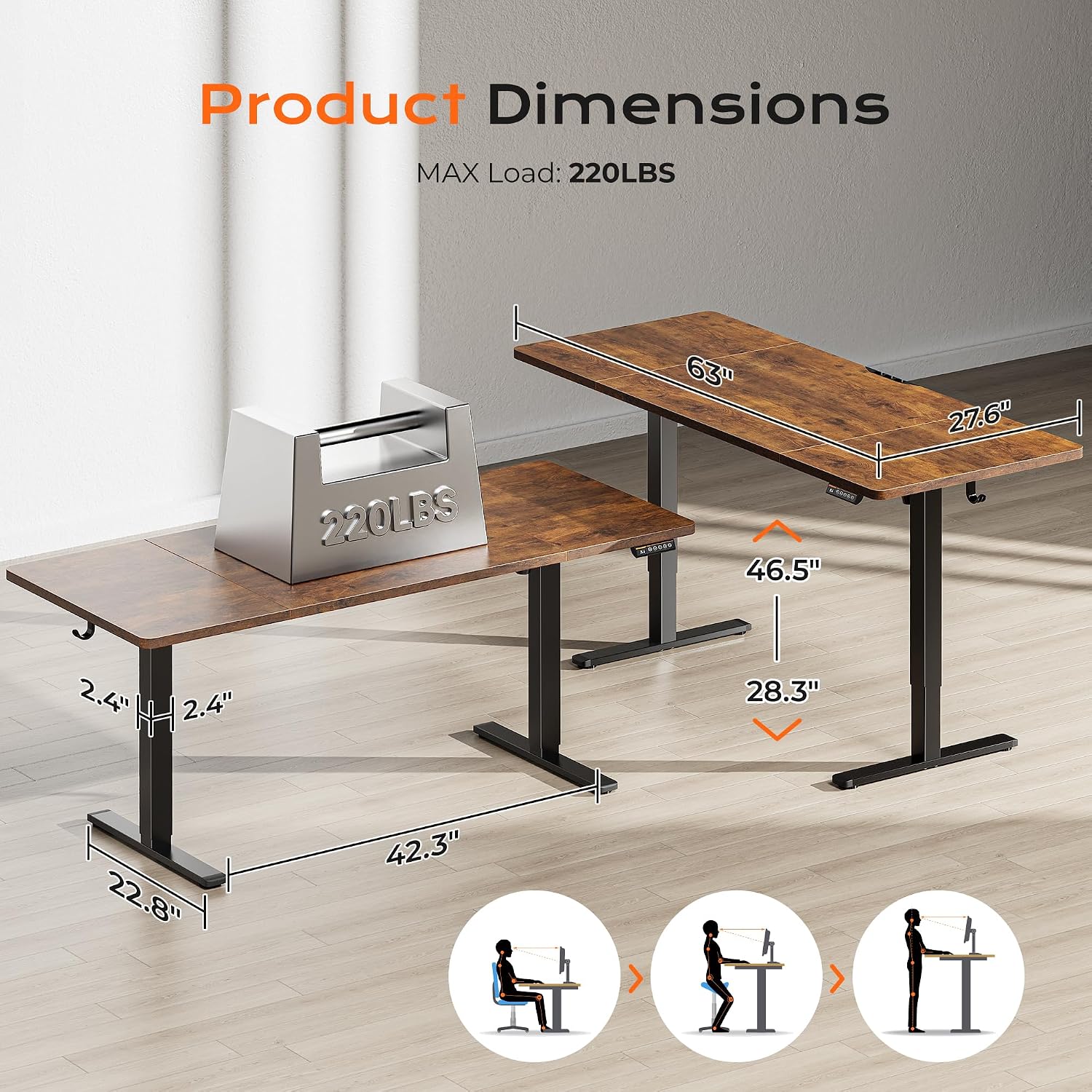 Huuger 63 x 28 Large Electric Standing Desk, Height Adjustable Computer Desk, 27.6' Deep Desktop, Stand up Gaming Office Table with 2 Hooks, 3 Preset Heights, for Home Office, Rustic Brown