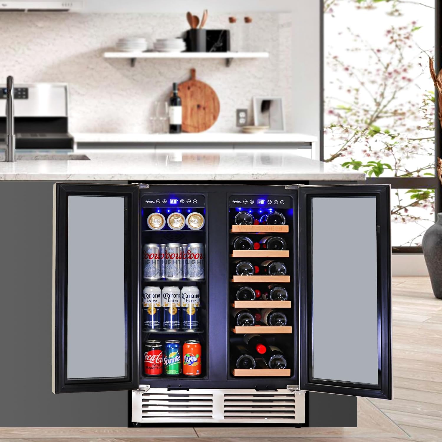 Koolatron 18 Bottle 56 Can Wine Fridge – Wine Cooler with Glass Door, 150 L Beverage Can Refrigerator, Digital Temperature Control/Dual temperature zone, Ideal for White,Red & Sparkling Wine