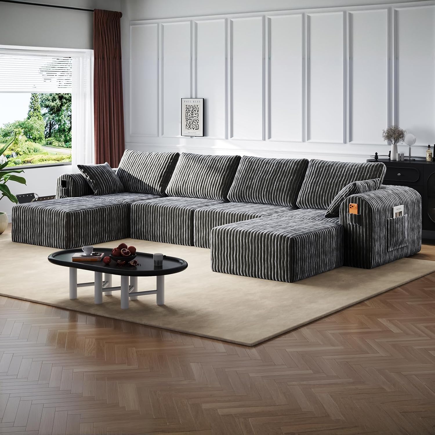 Modular Sectional Sofa, Boneless Couches for Living Room, L-Shape Sofa Couches,Cloud Couch Sectional, Comfy Corduroy Sofa, with Deep Seat, No Assembly Required (Gray, 4 Seater + 2 Ottoman)