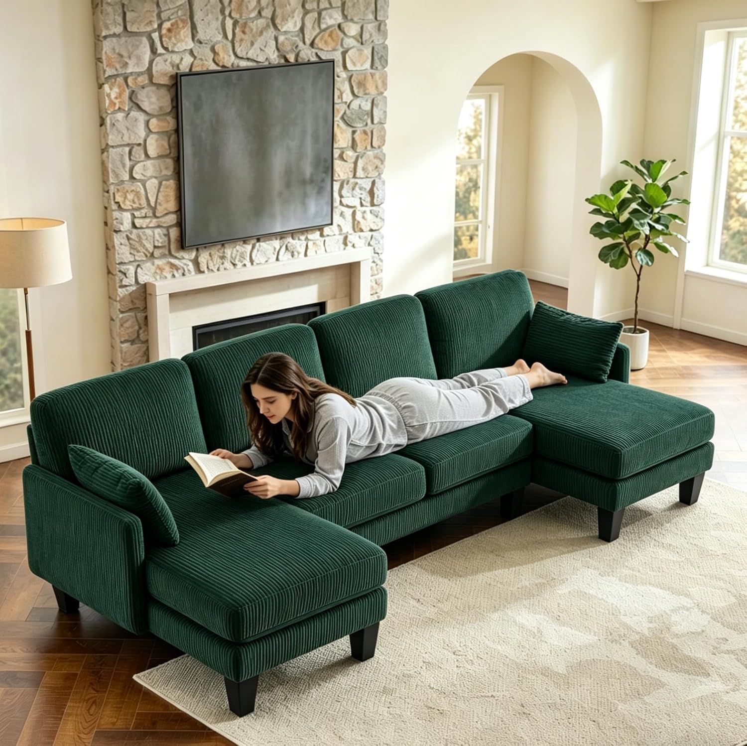 VINGLI 108' W U-Shaped Sectional Couches for Living Room, Sturdy Wooden Armrest Corduroy Cloud Couch with Double Chaise, High Support Modern 4-Seat Sectional Sofa for Apartment, Offices, Dark Green