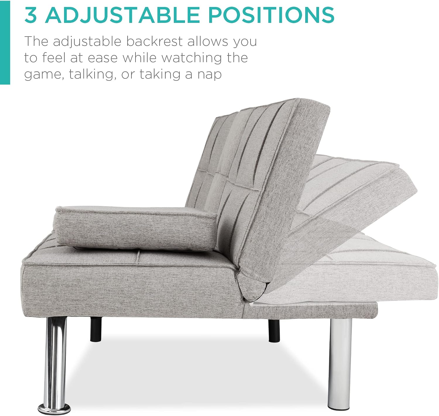Best Choice Products Linen Modern Folding Futon, Reclining Sofa Bed for Apartment, Dorm w/Removable Armrests, 2 Cupholders - Light Gray