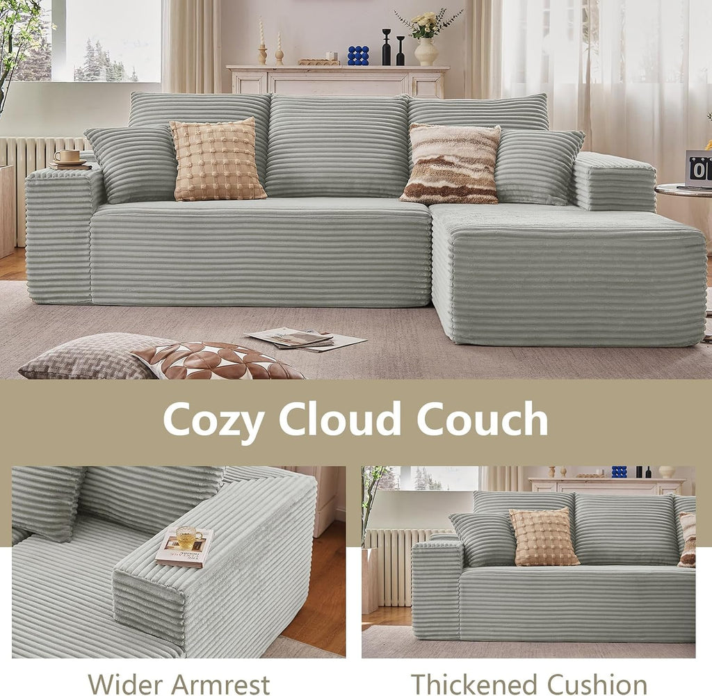 107' Cloud Sectional Couch with L-Shape Chaise, Modern Modular Comfy Sofa Chaise Longue, Upholstered Corduroy Couches Sleeper with Deep Seat for Living Room Bedroom, No Assembly Required, Grey
