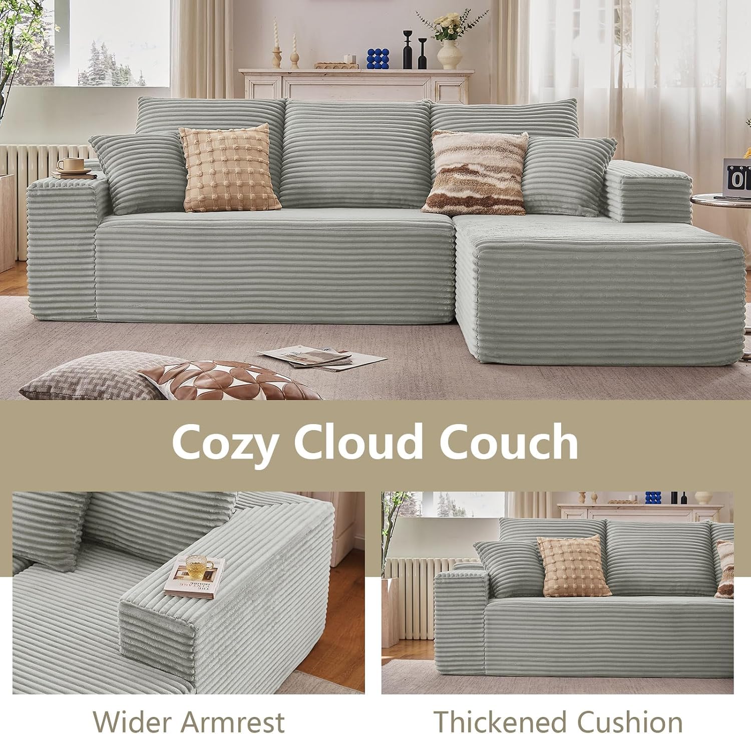 107' Cloud Sectional Couch with L-Shape Chaise, Modern Modular Comfy Sofa Chaise Longue, Upholstered Corduroy Couches Sleeper with Deep Seat for Living Room Bedroom, No Assembly Required, Grey