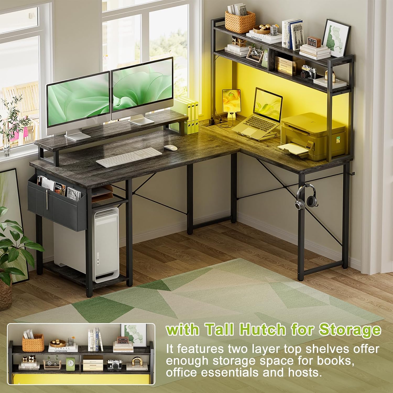 Besiost Small L Shaped Gaming Desk with Power Outlets, 48' Reversible L Shaped LED Computer Desk with Monitor Stand & Storage Shelf, Corner Gamer Desk Home Office Desk with Storage Bag, Black Oak