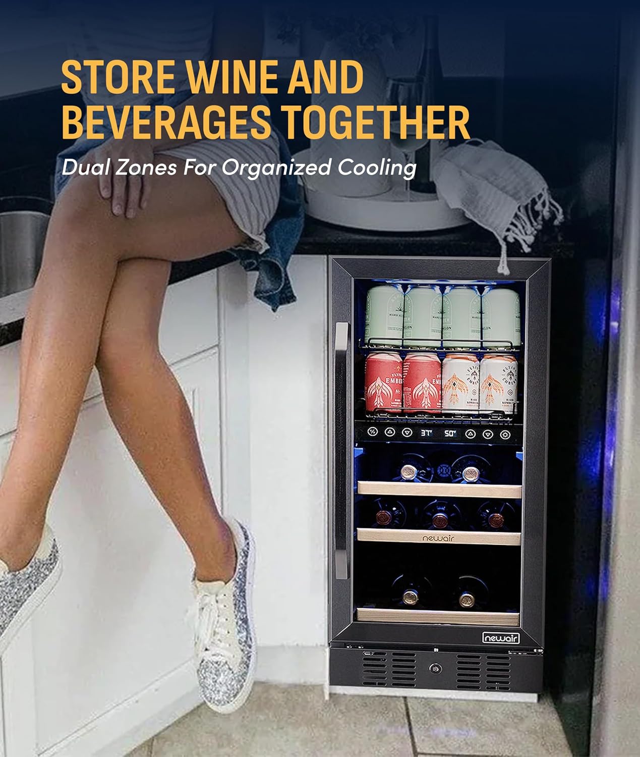 NewAir 15' Wine and Beverage Refrigerator 9 Bottle and 48 Can Capacity, Beverage Cooler in Stainless Steel, Built-in or Freestanding Dual Zone Drink Fridge with Triple-Pane Glass Door