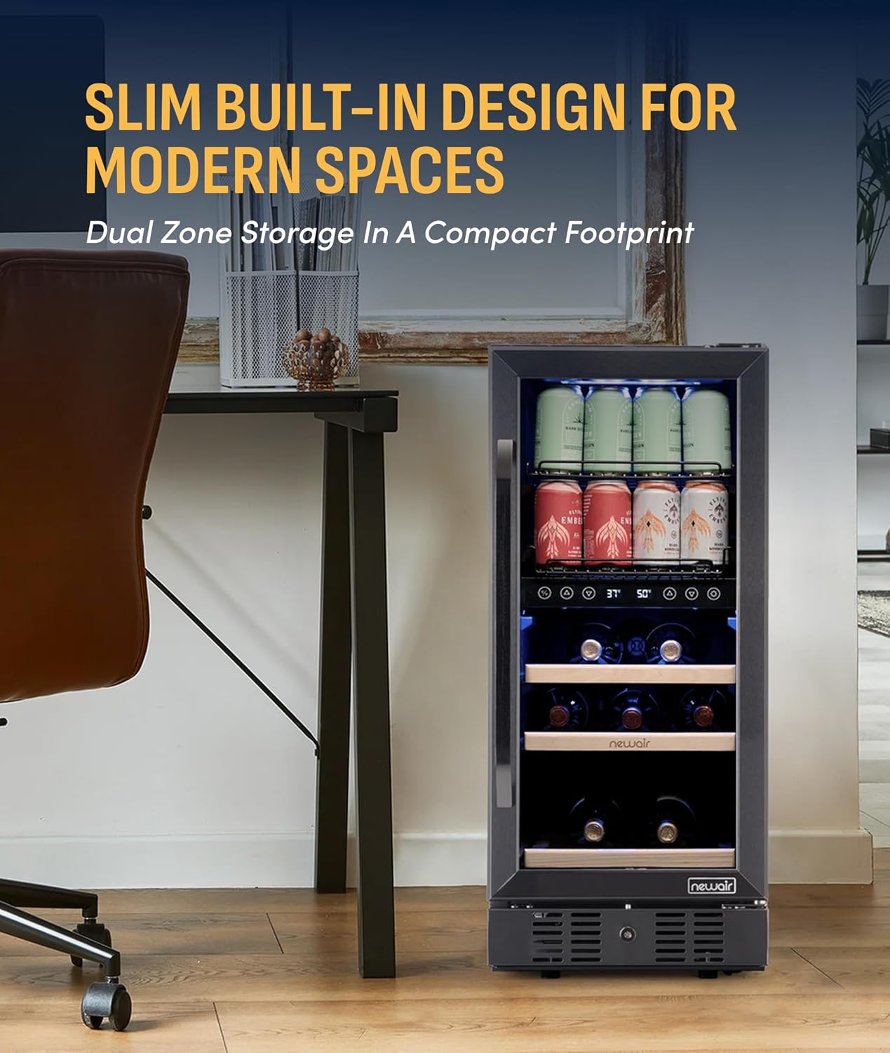 NewAir 15' Wine and Beverage Refrigerator 9 Bottle and 48 Can Capacity, Beverage Cooler in Stainless Steel, Built-in or Freestanding Dual Zone Drink Fridge with Triple-Pane Glass Door