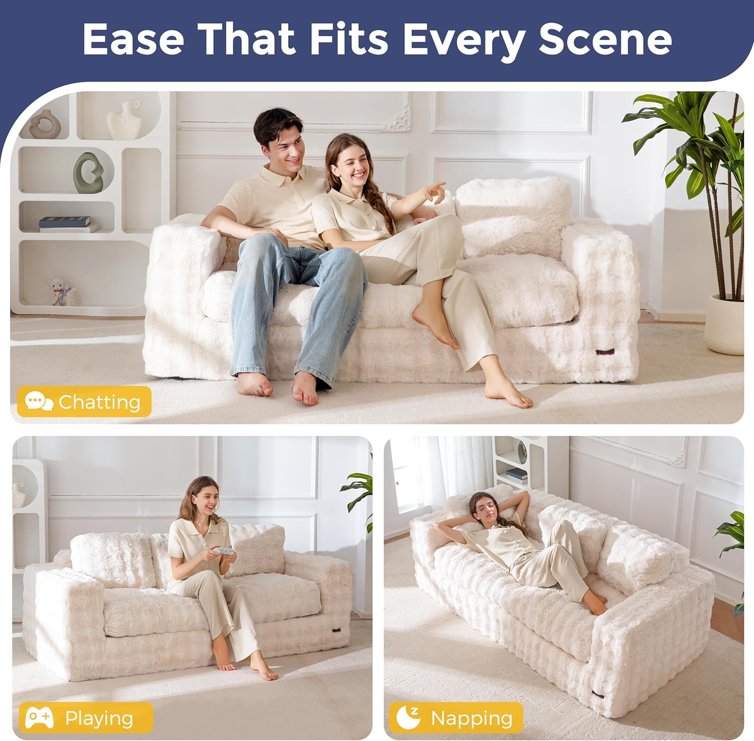 MAXYOYO 3-Seater Boneless Sofa Couch, Modern Bubbled Sofa for Living Room, Soft Bean Bag Chair High-Density Foam Couch with Pillows, No Assembly Required