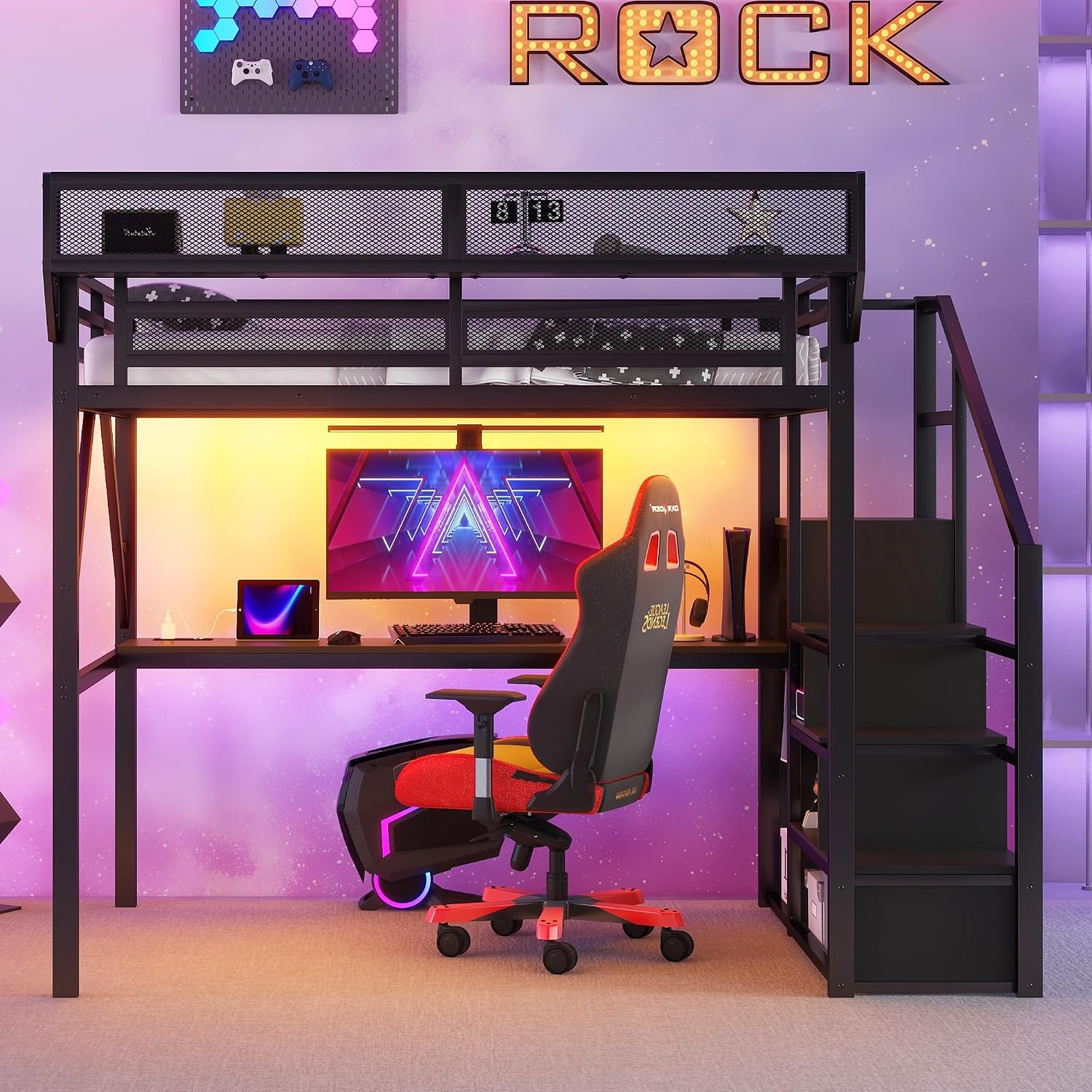 Queen Loft Bed with Desk and Stairs, Metal Lofts Bed Queen Size with Upper Storage Shelf, Gaming LoftBed with LED, Charging Station and Wardrobe for Teens, Adults,Black and Black Stairs