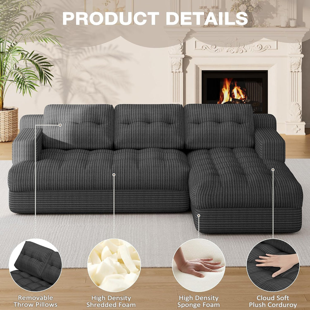 Boneless Couch, 2026 New Boneless Sectional Couch with Deep Seat & Chaise for Small Spaces, Upholstered Cloud Couch Sectional Boneless Couches for Living Room, No Assembly, Right Facing Chaise, Grey