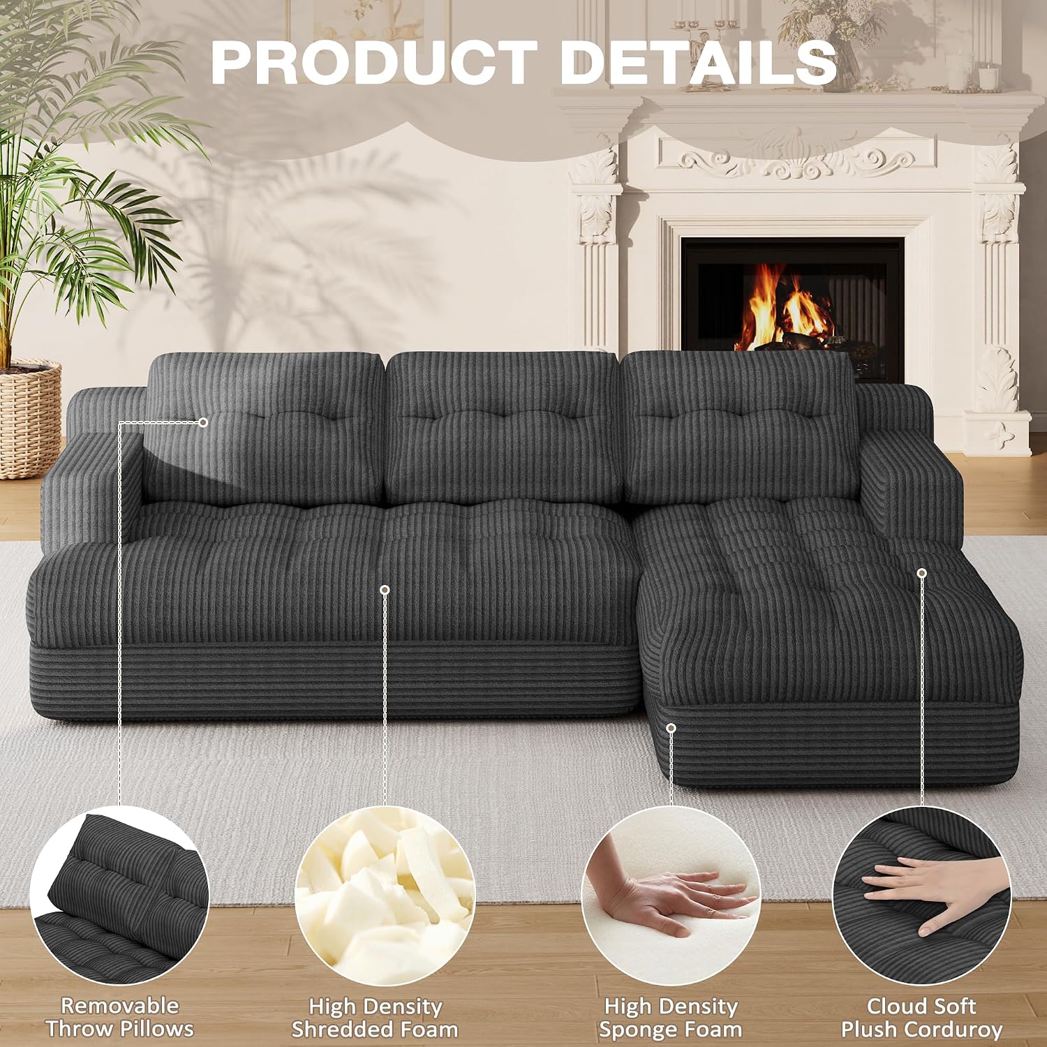 Boneless Couch, 2026 New Boneless Sectional Couch with Deep Seat & Chaise for Small Spaces, Upholstered Cloud Couch Sectional Boneless Couches for Living Room, No Assembly, Right Facing Chaise, Grey