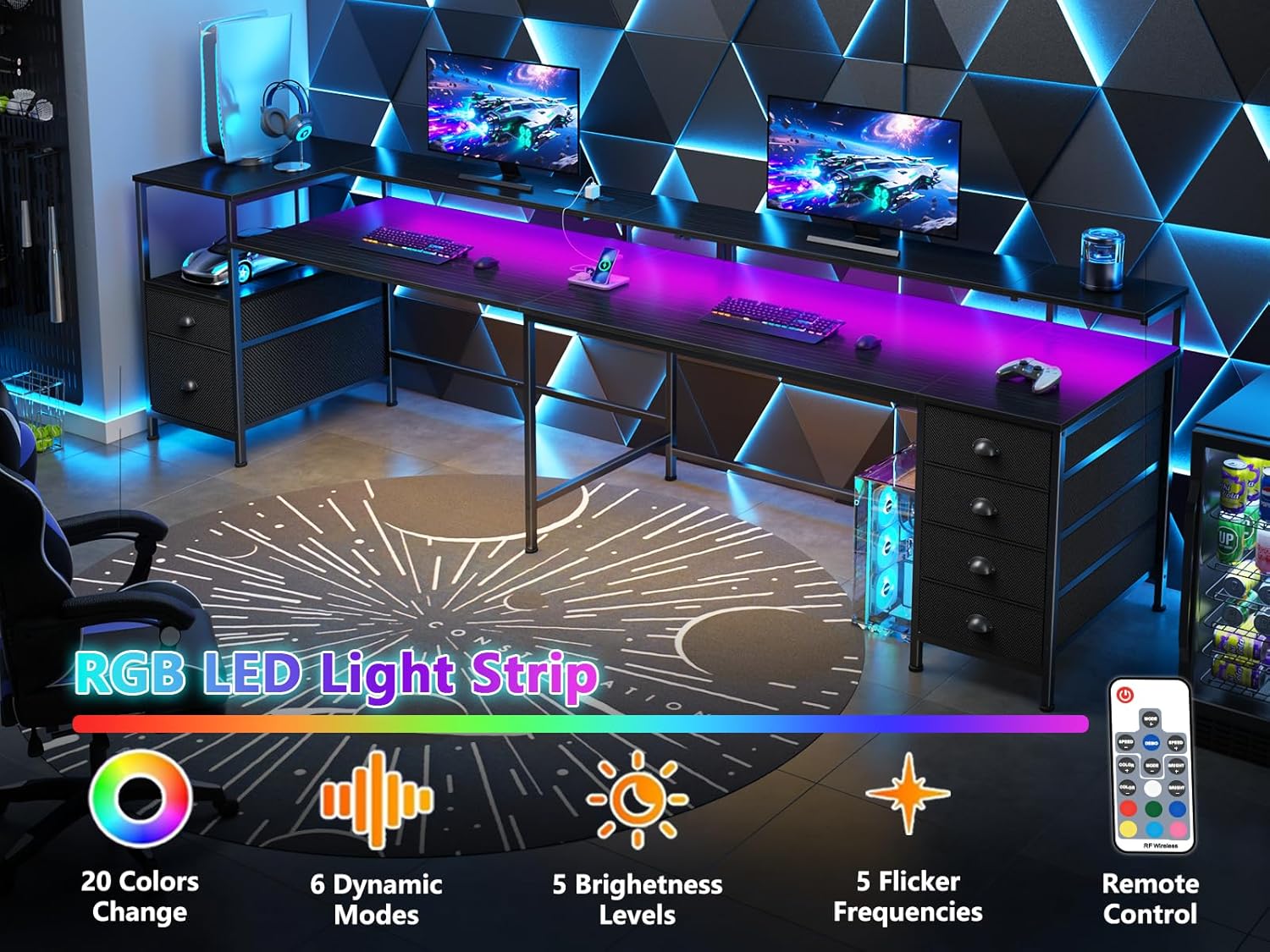 Furologee 95' Two Person Computer Gaming Desk, Long 2 Person Home Office Desk with 6 Drawers & Storage Shelves, Double Table with Power Outlets, LED Lights and Full Monitor Shelf, Black