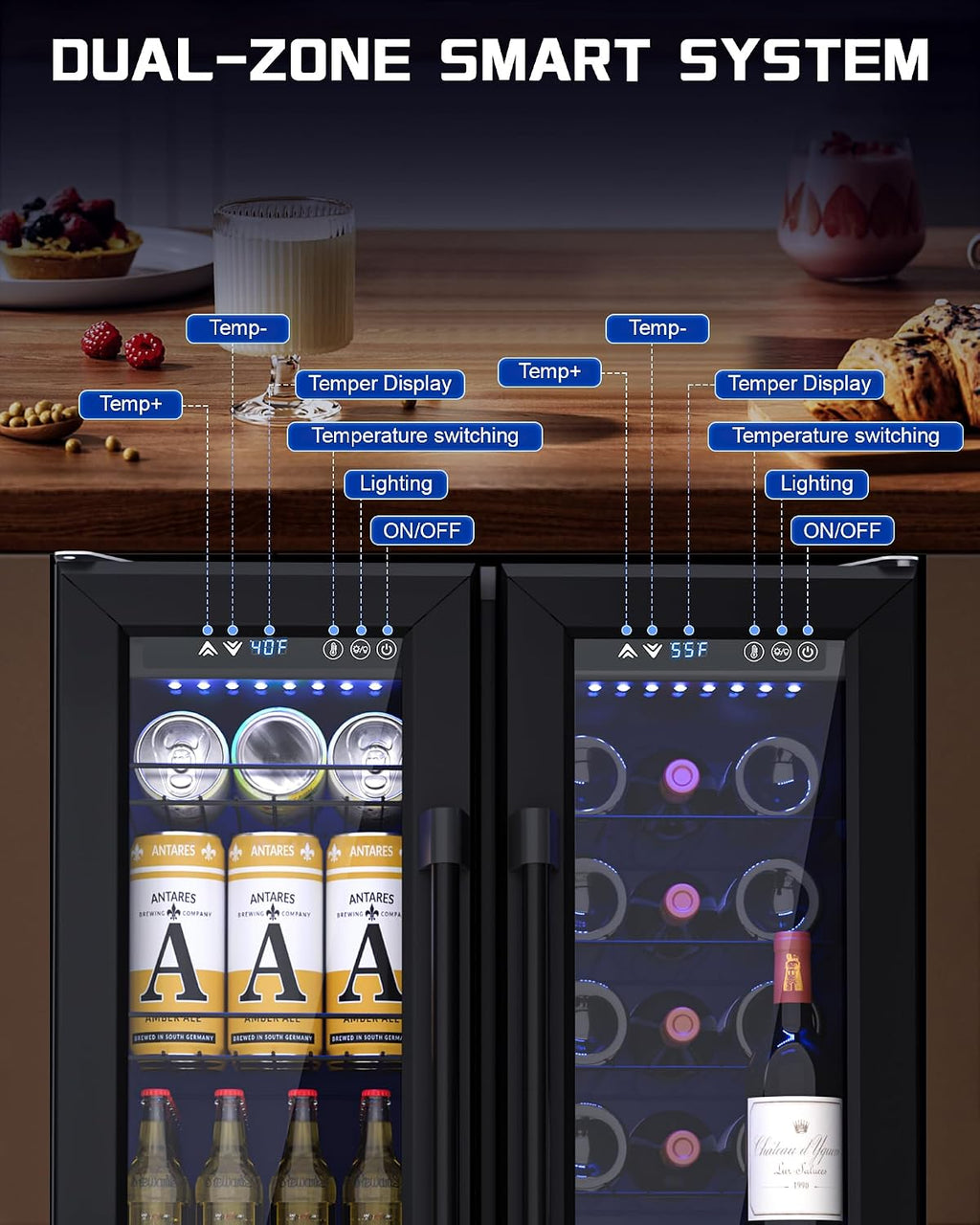 French Door Beverage Refrigerator: 160 Cans & 20 Wine Bottles Capacity, Dual Zone Cooling for Beer, Soda, and Wine, For Kitchen/Bar Use