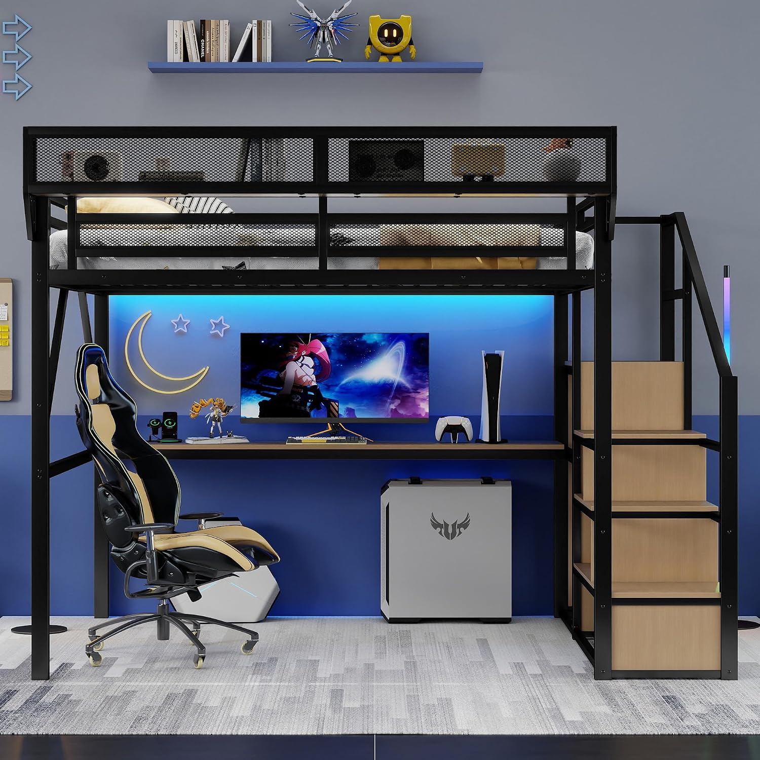 Queen Loft Bed with Desk, Stairs and Charging Station, Metal High Gaming Loft Bed Queen Frame with Storage Shelves, RGB Light & Closet, Heavy-Duty Beds for Adults,Teens, Kids, Black
