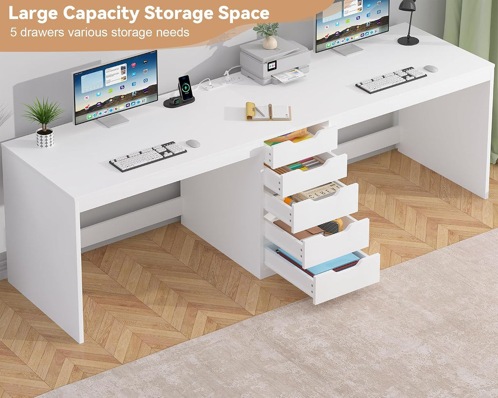 YOMILUVE 2 Person Desk with 5 Drawers and Power Outlets, 78.7 Inch Long Computer Desk with Storage File Cabinet, Two Person Home Office Double Desk with Storage, White