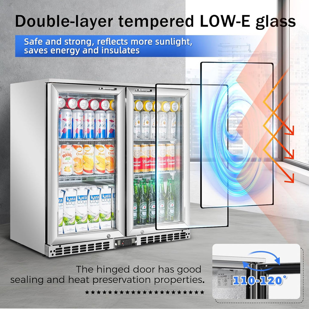 Back Bar Cooler with 2 Glass Doors Under Counter Commercial Beverage Refrigerator Silver Stainless Steel 7.4 Cu.ft. ETL Drink Fridges for Bar,Office