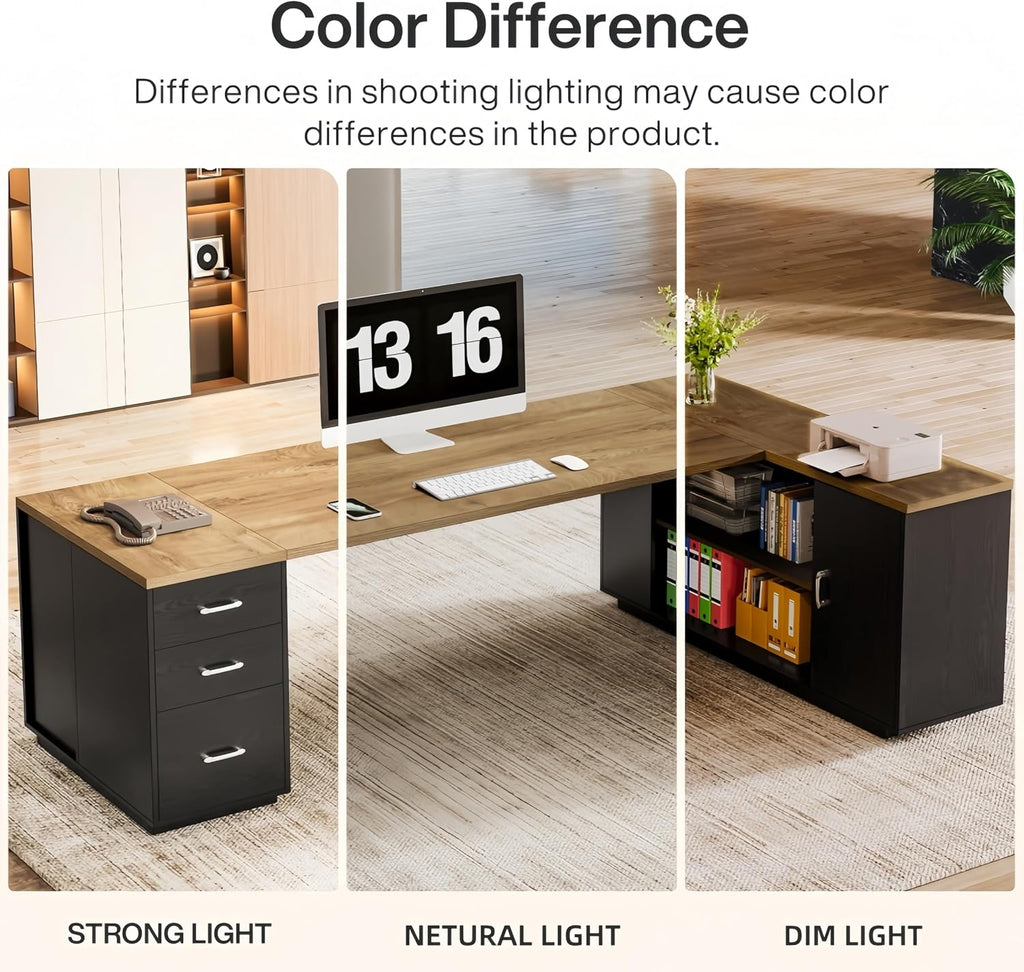 Tribesigns 85.8-Inch L-Shaped Executive Desk with File Drawers, Door Cabinet & Shelves, Extra Large Commercial Office Desk, Modern Professional Office Table, Business Furniture, Natural & Black