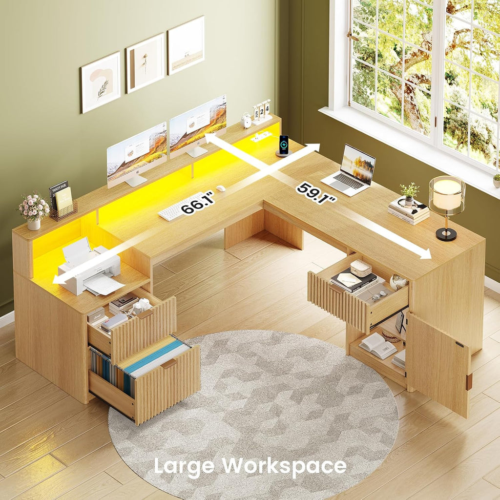 SEDETA 66' Modern L Shaped Desk with Drawers, Fluted Home Office Desk with File Cabinet and Printer Shelf, Wood Executive Desk with Monitor Stand, Power Outlets, Led Lights, Oak