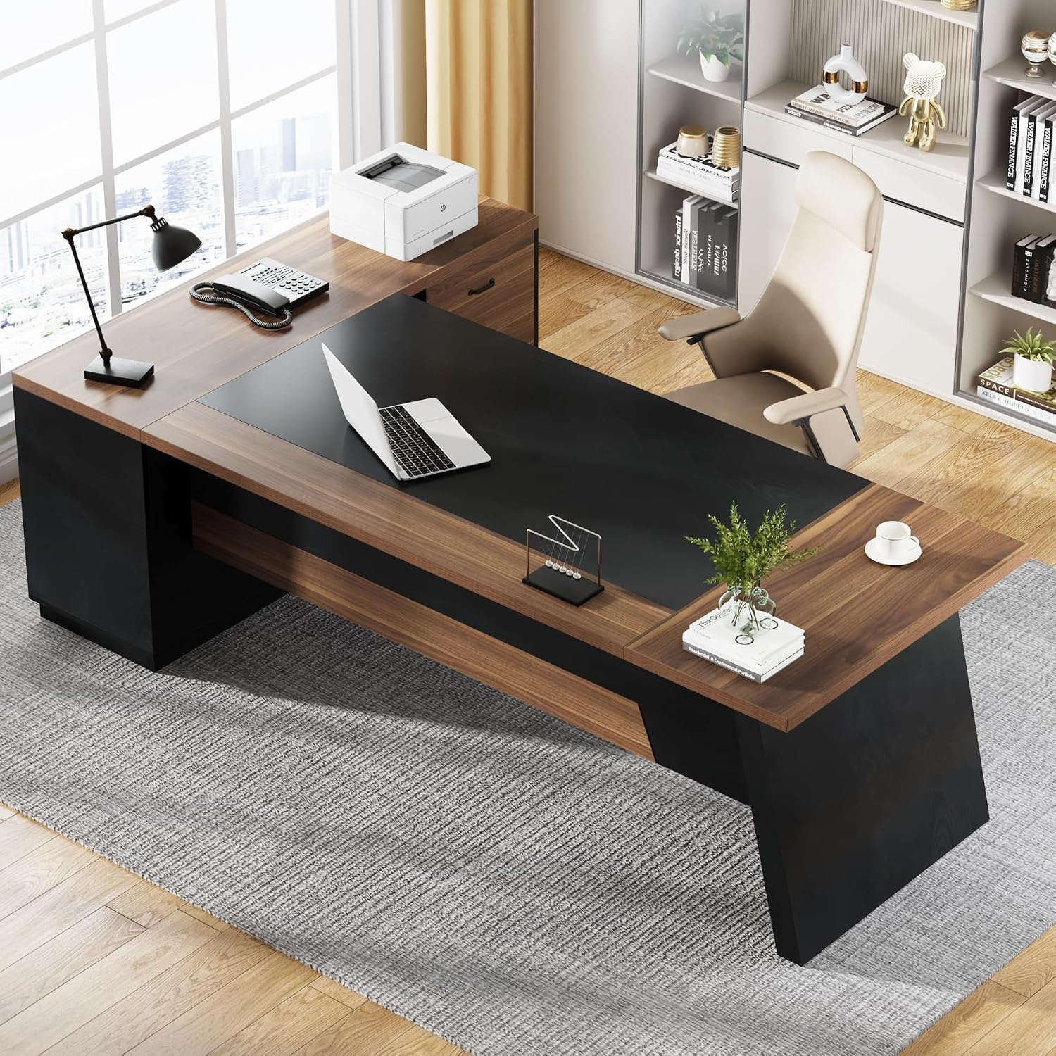 Tribesigns L-Shaped Executive Desk, 78-Inch Modern Office Desk with Drawers and Lateral File Cabinet, Large Bussiness Furniture with Storage Shelves, Workstation for Home Office (Brwon + Black)