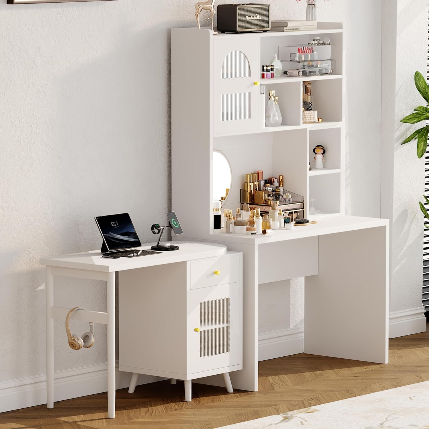 Bellemave Computer Desk with 90 Degree Rotating Desktop, 43x70 Inch Home Office Desk with Drawer and Storage Cabinets, Gaming Desk with Shelves, Writing Desk for Study (White)