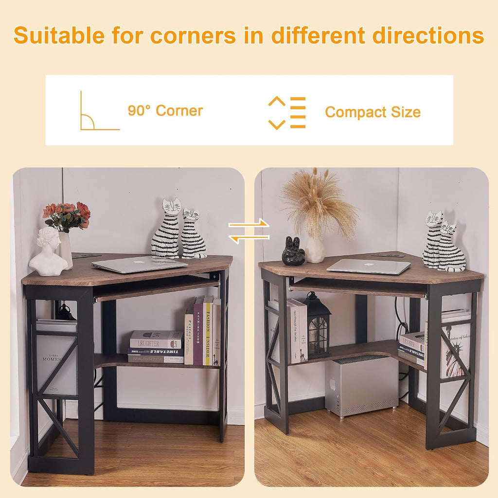 VECELO Corner Desk Computer Desk 41'x30'with Charging Station & Keyboard Tray & Storage Shelves for Small Space,Triangle Table for Home Office Bedroom,Rustic Natural Brown