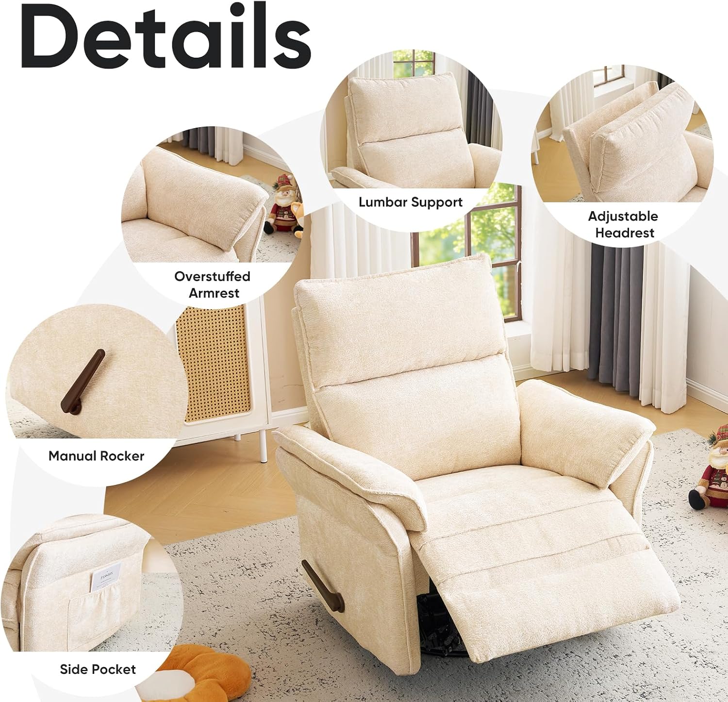 Rocking Chair Nursery with Adjustable Headrest,Manual Swivel Rocker Recliner Nursery Chair with Overstuffed Armrest,Glider Rocker Recliner for Living Room & Bedroom,Beige