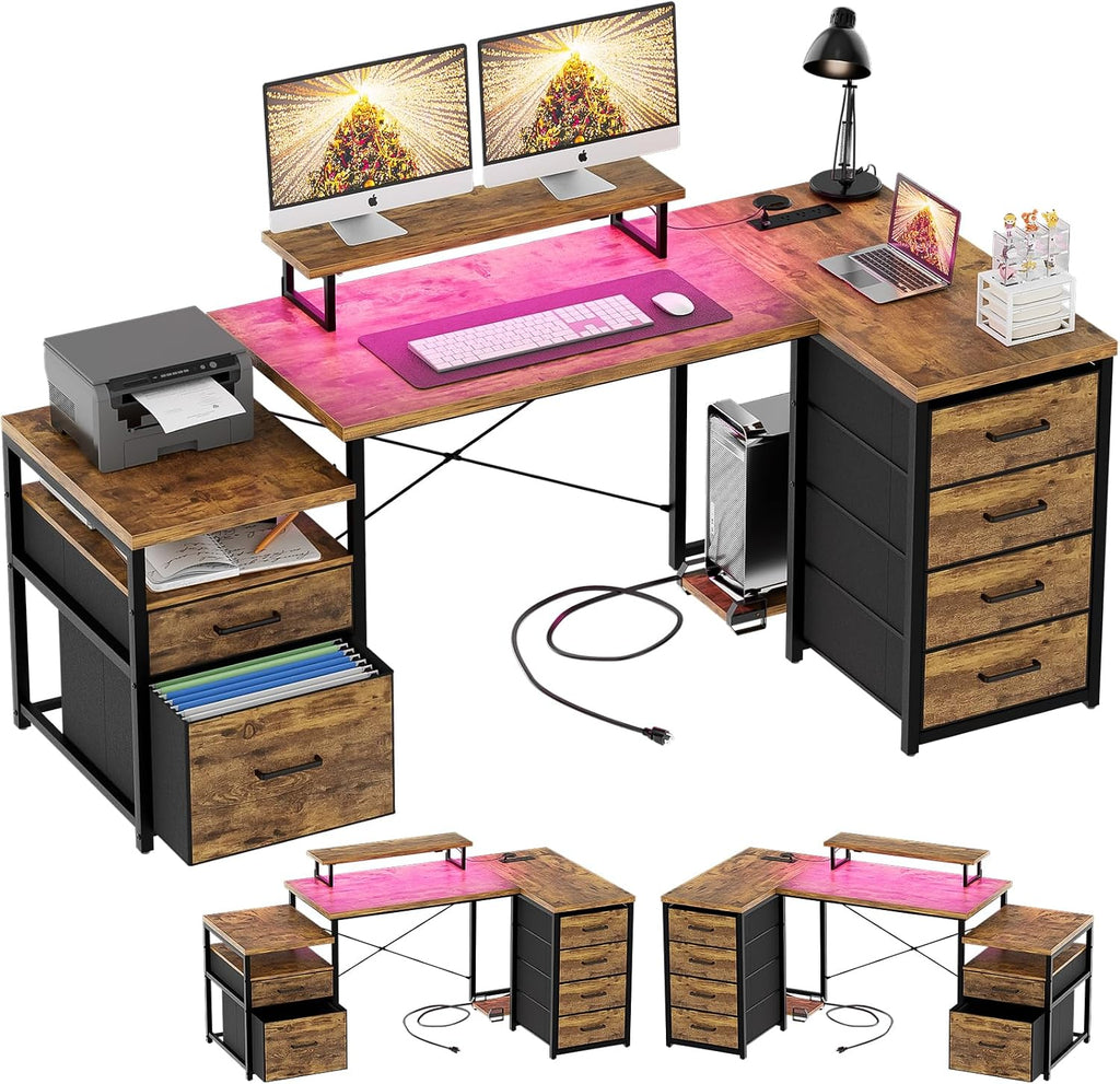 Unikito Reversible L Shaped Computer Desk with Fabric File Drawers, 70.8' Large Office Desk with RGB LED Lights & Power Outlets & Monitor Stand & CPU Stand, Sturdy Corner Gaming Desk, Rustic Brown
