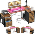 Unikito Reversible L Shaped Computer Desk with Fabric File Drawers, 70.8' Large Office Desk with RGB LED Lights & Power Outlets & Monitor Stand & CPU Stand, Sturdy Corner Gaming Desk, Rustic Brown