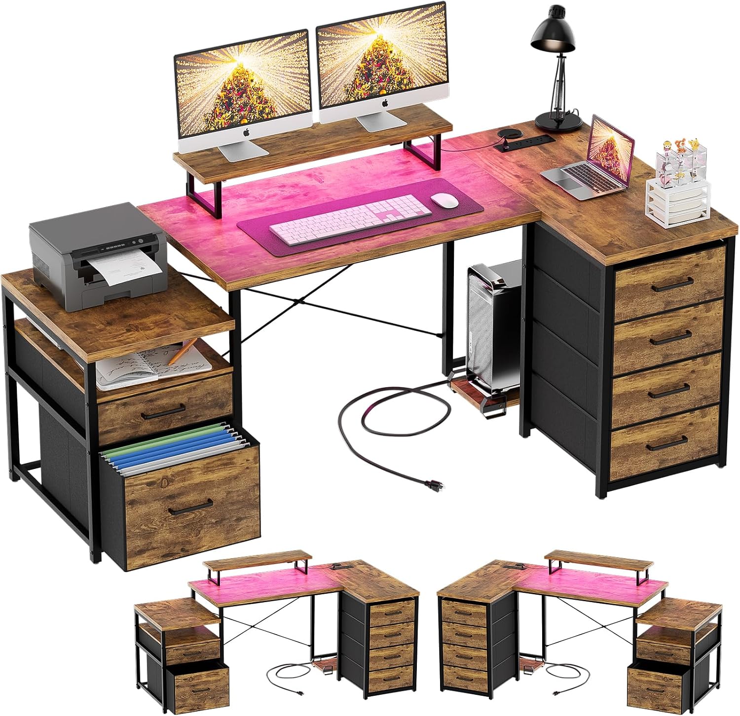 Unikito Reversible L Shaped Computer Desk with Fabric File Drawers, 70.8' Large Office Desk with RGB LED Lights & Power Outlets & Monitor Stand & CPU Stand, Sturdy Corner Gaming Desk, Rustic Brown
