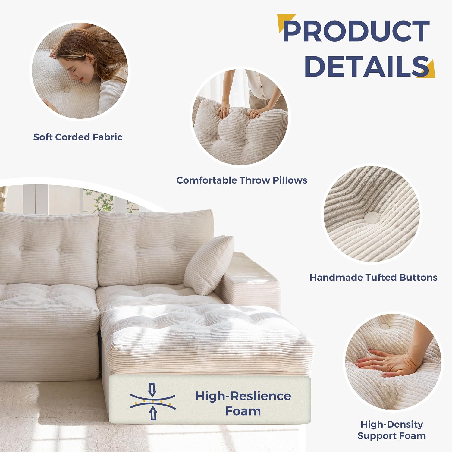 MAXYOYO Modular Sectional Sofa with Ottoman and Loveseat, Cloud Boneless Couch with Layered Cushion, Flexible Module Combination Sofa for Living Room, No Assembly Required,Beige