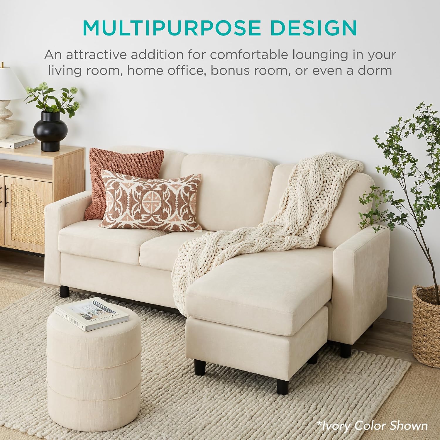 Best Choice Products Upholstered Sectional Sofa for Home, Apartment, Dorm, Bonus Room, Compact Spaces w/Chaise Lounge, 3-Seat, L-Shape Design, Reversible Ottoman Bench, 680lb Capacity - Aqua