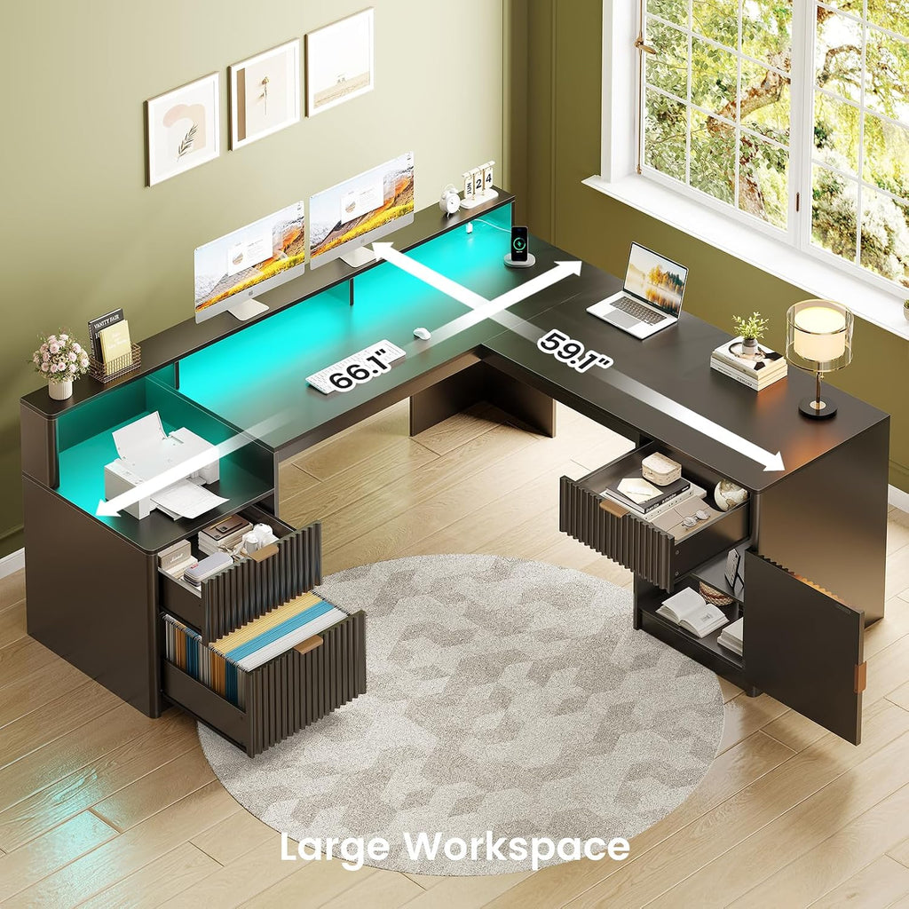 SEDETA 66' Modern L Shaped Desk with Drawers, Fluted Home Office Desk with File Cabinet & Printer Shelf, Wood Executive Desk with Monitor Stand, Power Outlets, Led Lights, Black