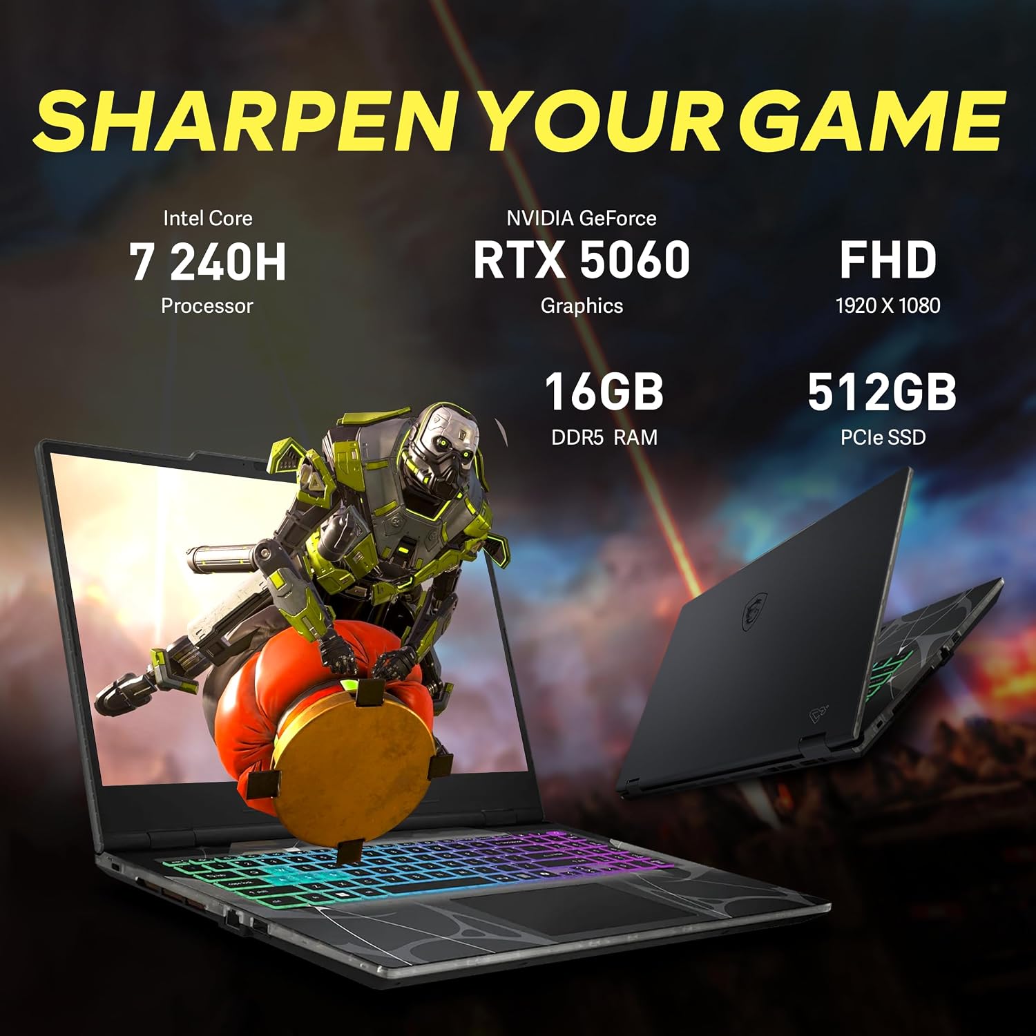 msi Cyborg 15.6' 144Hz FHD IPS Gaming Laptop, Intel Core 7-240H, 16GB RAM,1.5TB Storage (512GB SSD+1TB Docking Station), GeForce RTX 5060, Backlit Keyboard, HD Webcam, Wi-Fi 6E, Win 11 Pro, Black