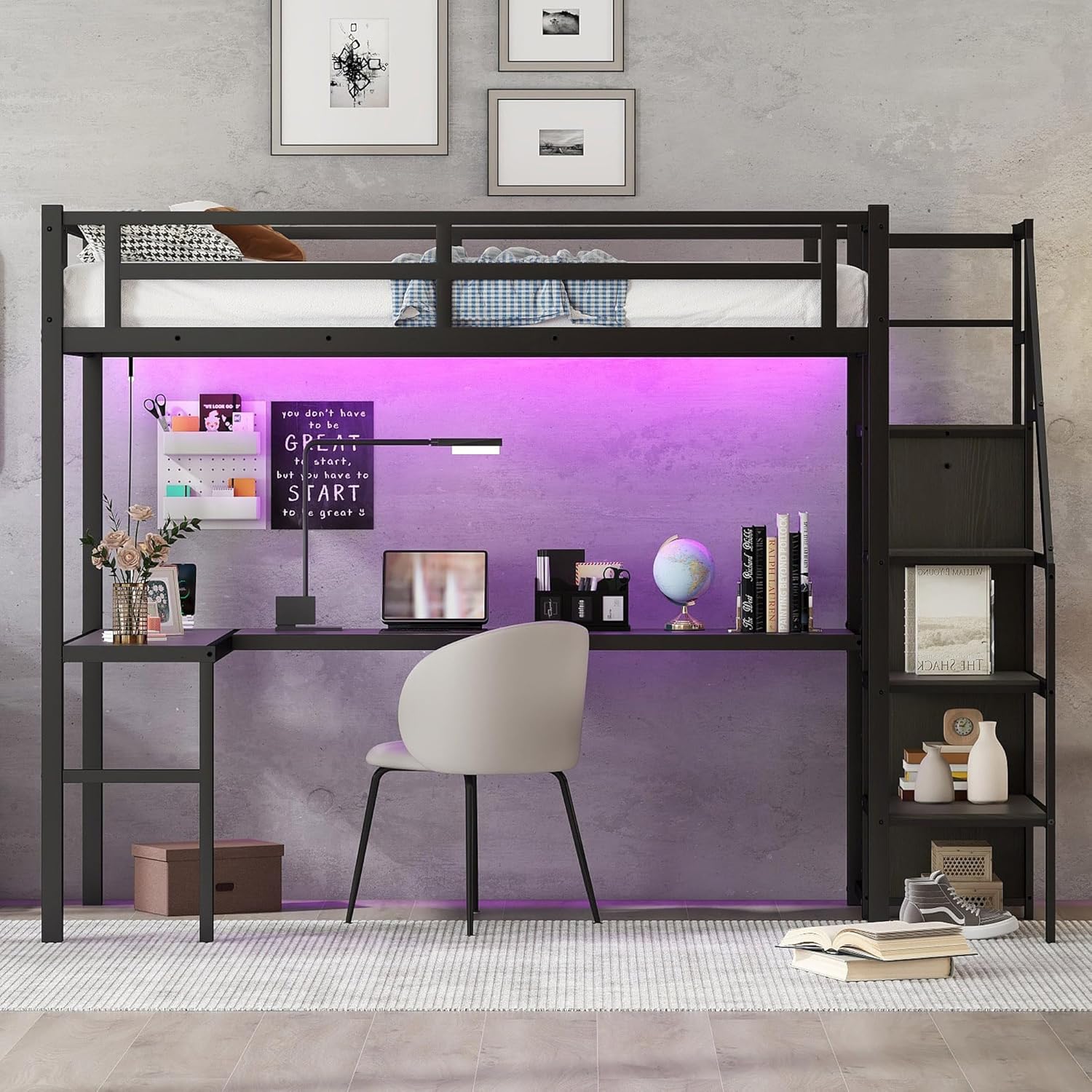 Metal Twin XL Size Loft Bed with Desk and Wardrobe,Heavy Duty Loft Bed Frame with Storage Stairs,LED Lights and Charging Station for Kids,Teens,Adults,Space Saving,Black