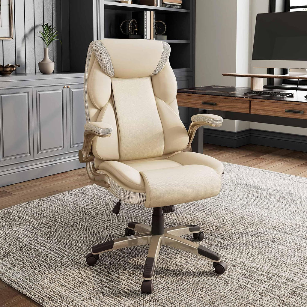 EUREKA ERGONOMIC Galene Executive Office Chair Flip Up Arm Rest, Ergonomic Desk Chair Faux Leather Computer Chair, High Back Office Chair with Headrest, Home Office Desk Chairs with Wheels, Beige
