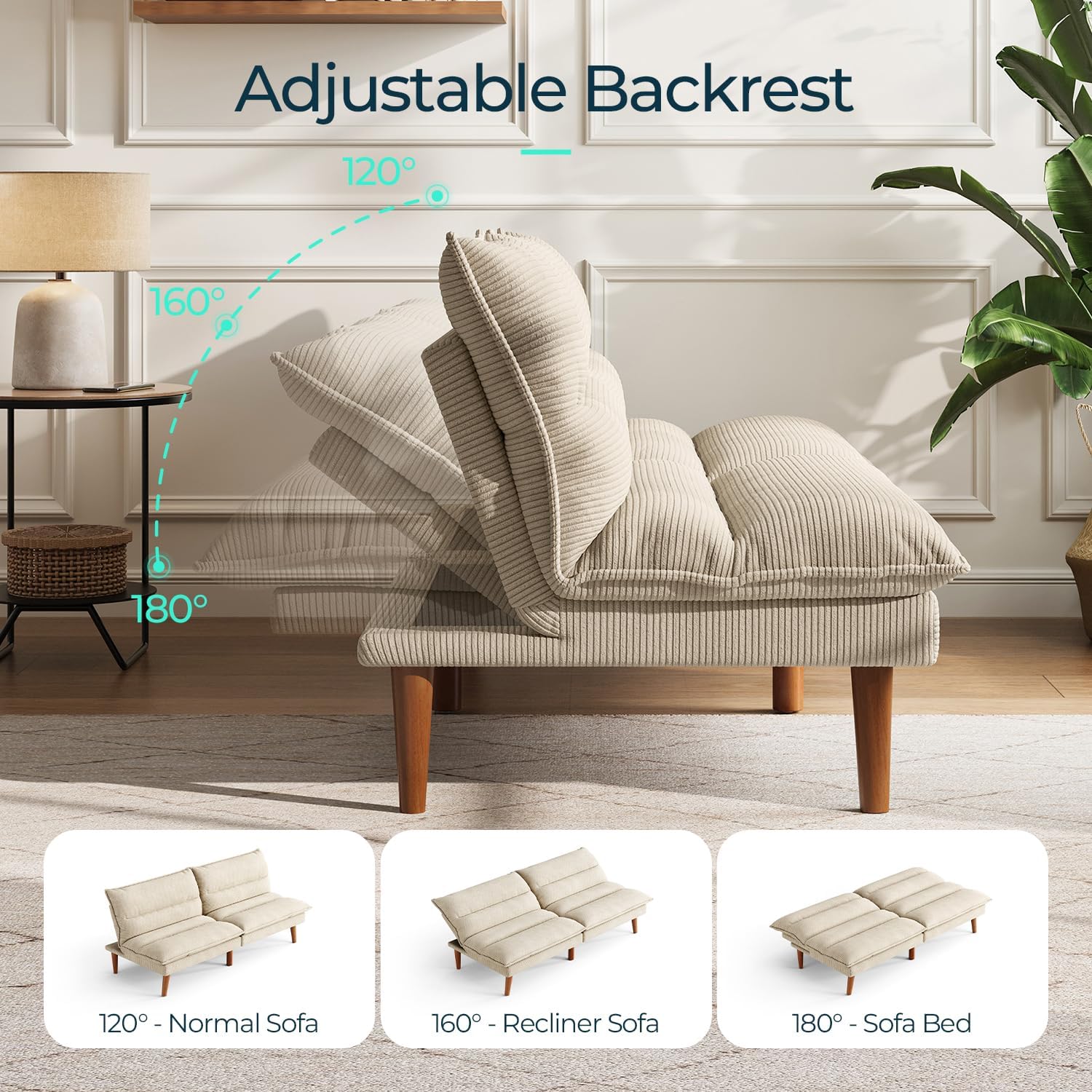LINSY HOME Futon Sofa Bed - Convertible Corduroy Futon Couch Bed with Adjustable Backrest, Modern Small Loveseat Sleeper Sofa for Small Spaces, Living Room, Apartment or Office (Beige)