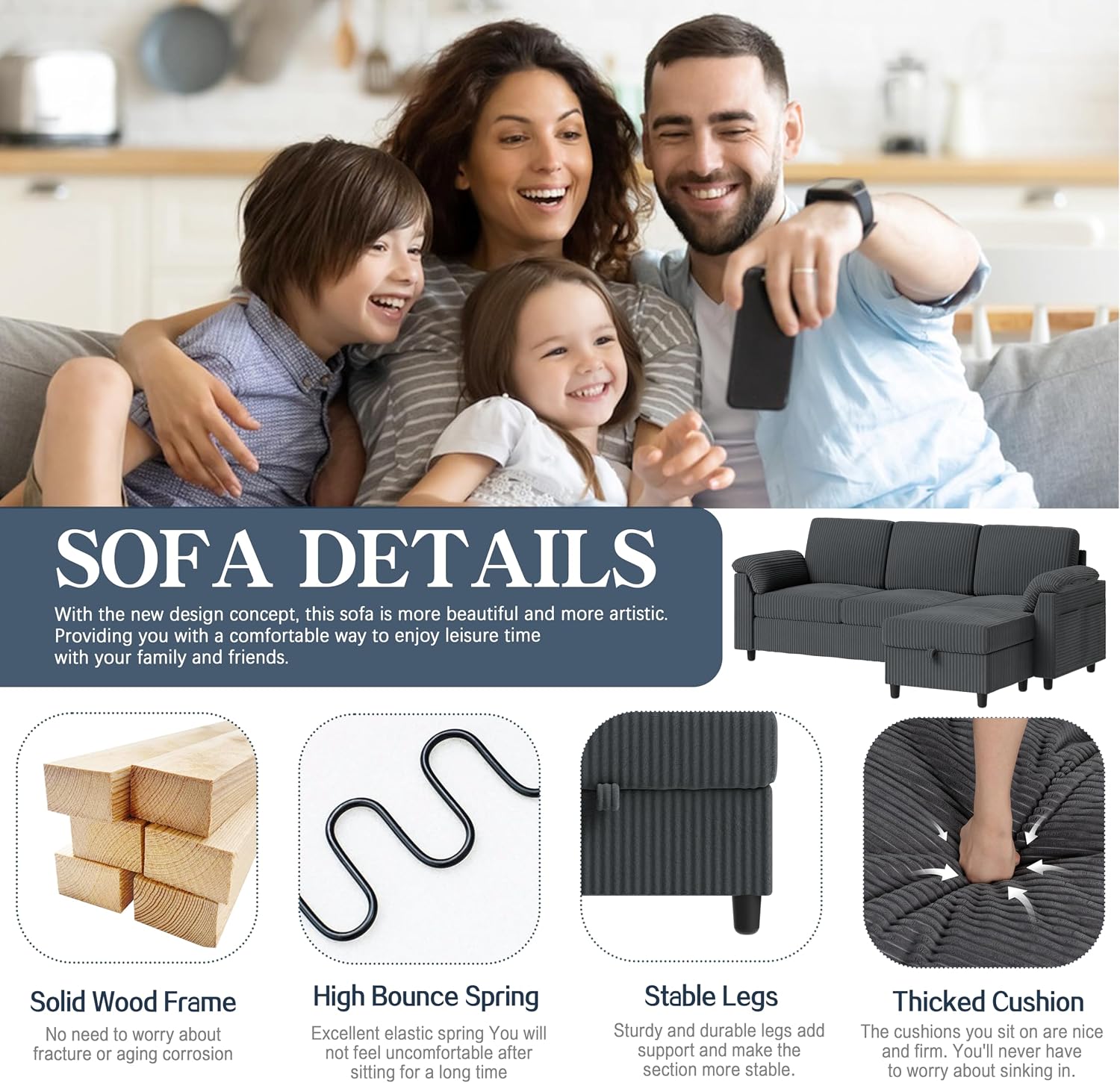 Sectional Couches for Living Room, L Shaped Couch with Side Storage Pockage, Comfortable 3 Seat Sofa Couches for Apartment, Grey