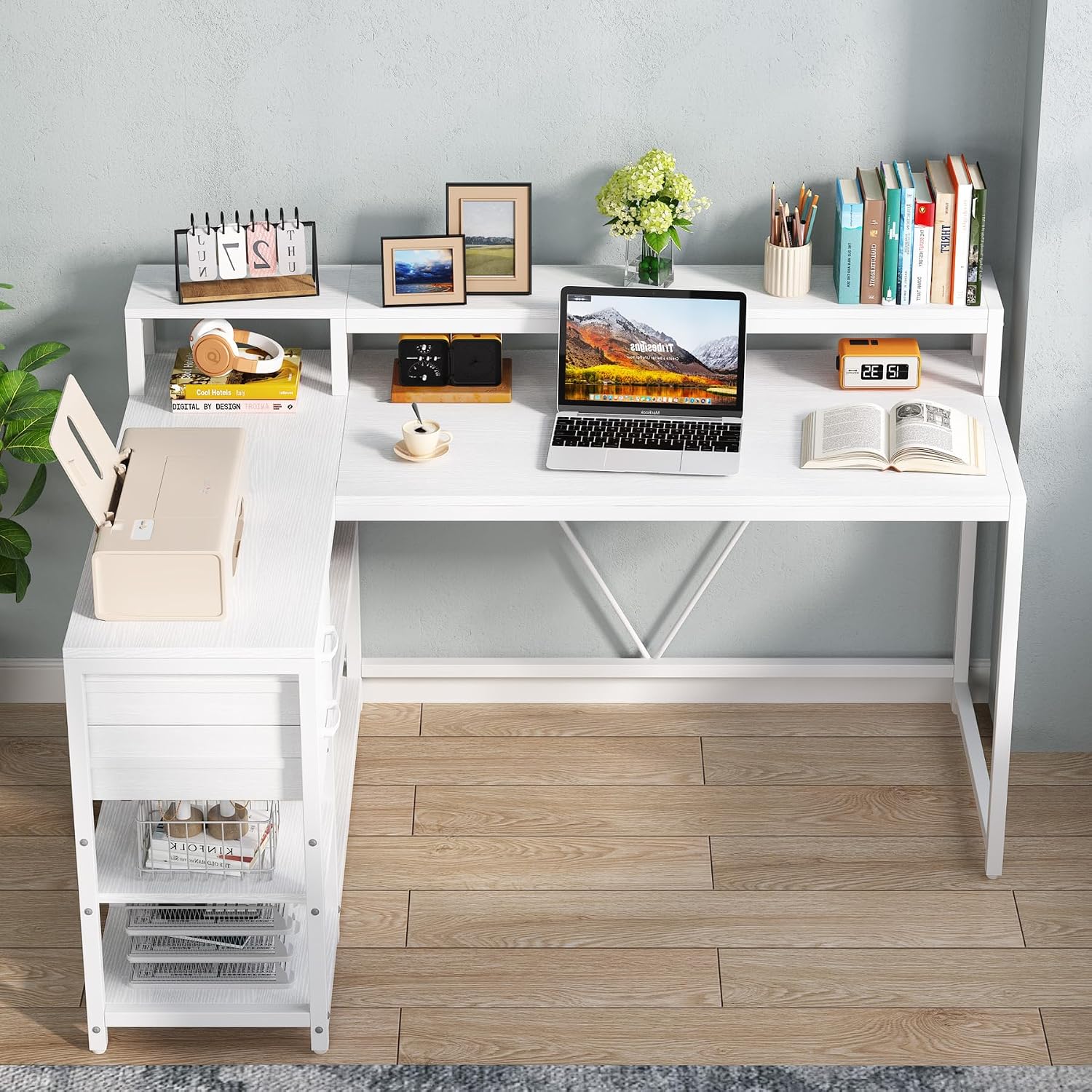 Tribesigns 55-inches Reversible L Shaped Desk with Drawer, Modern White L Corner Desk Home Office Table with Storage Shelves and Monitor Stand, Wooden and Metal PC Desk for Small Space