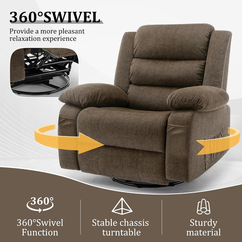 Korser Recliner Chair for Adults, Oversized 360° Swivel Rocker Recliner with Massage and Heat, Wide Nursery Glider Rocking Chair with Side Pockets, Cashmere Reclining Sofa for Living Room (Brown)