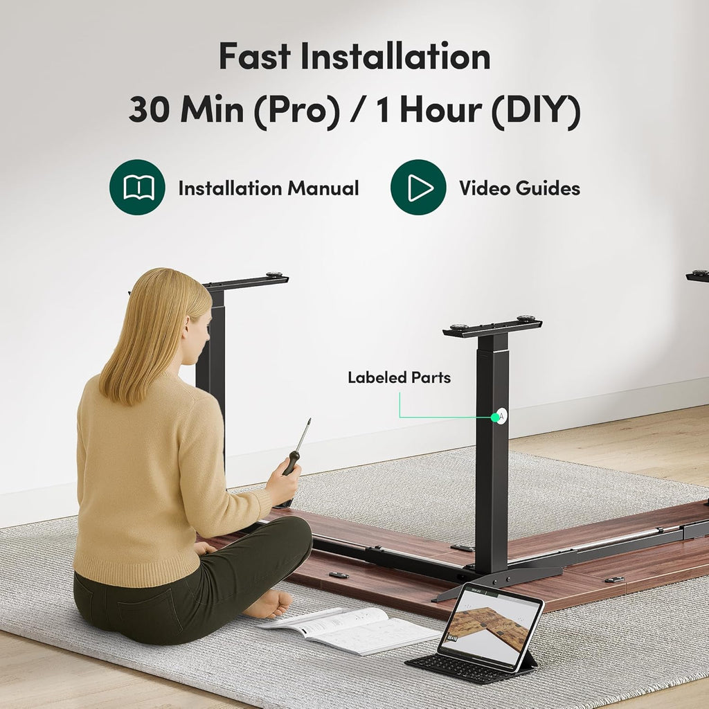 FEZIBO 63' x 55'L Shaped Standing Desk Adjustable Height, 63 Inch Electric Stand up Corner Computer Desk, Sit Stand Home Office Desk with Splice Board, Black Frame/Black Walnut Top