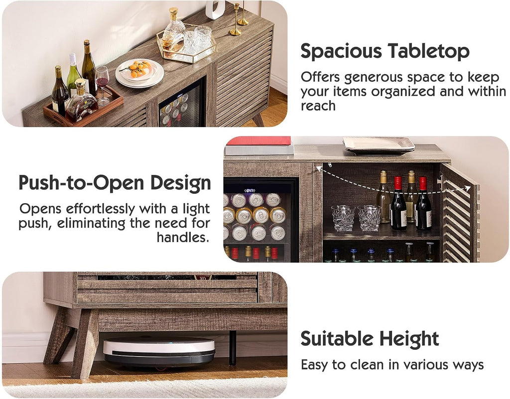 LUXOAK 60' Farmhouse Wine Bar Cabinet with Beverage Fridge (Included), Coffee Bar Cabinet with Drawer Storage, Sideboard Cabinet, Mini Fridge Cabinet for Dining Room, Living Room - Grey