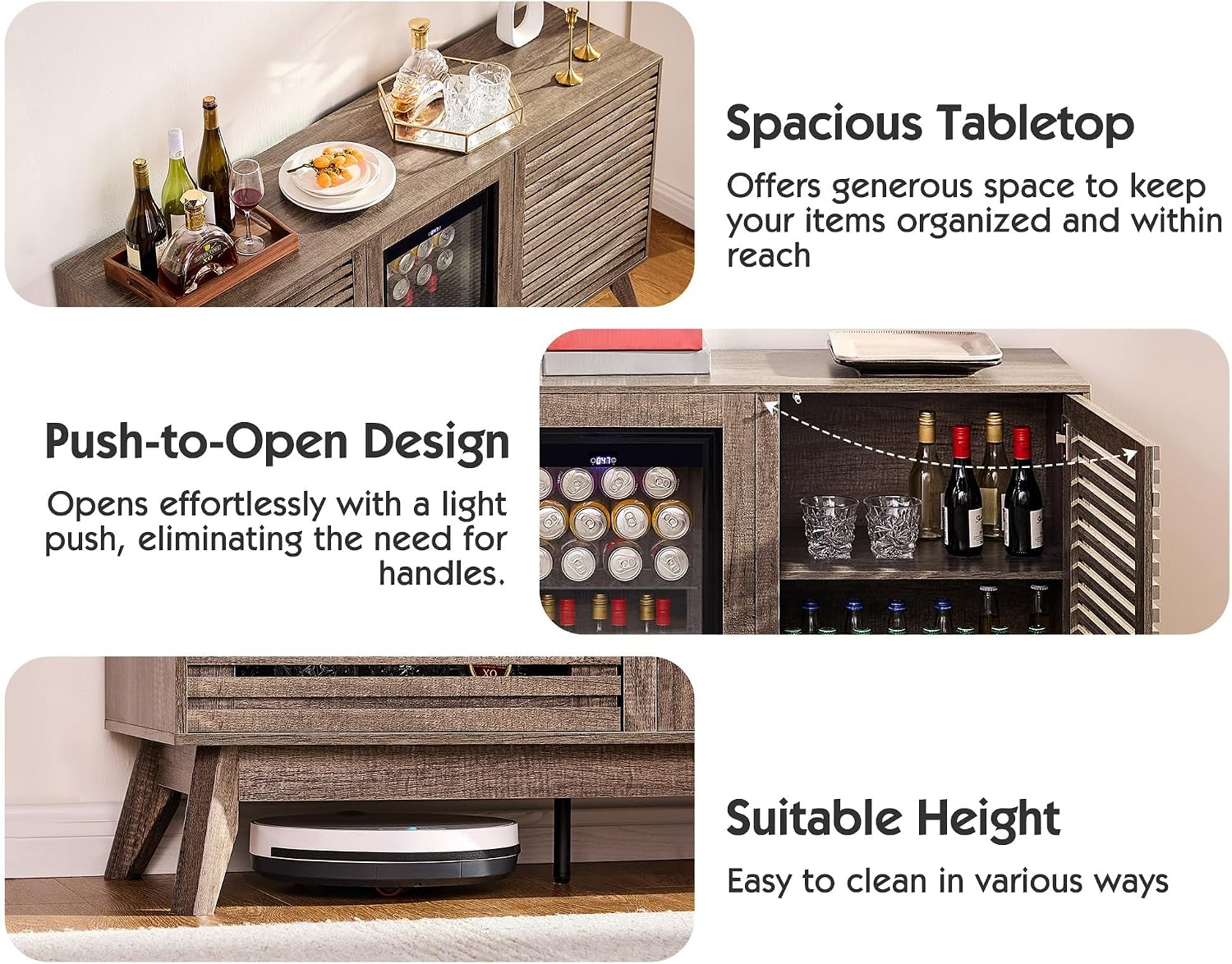 LUXOAK 60' Farmhouse Wine Bar Cabinet with Beverage Fridge (Included), Coffee Bar Cabinet with Drawer Storage, Sideboard Cabinet, Mini Fridge Cabinet for Dining Room, Living Room - Grey