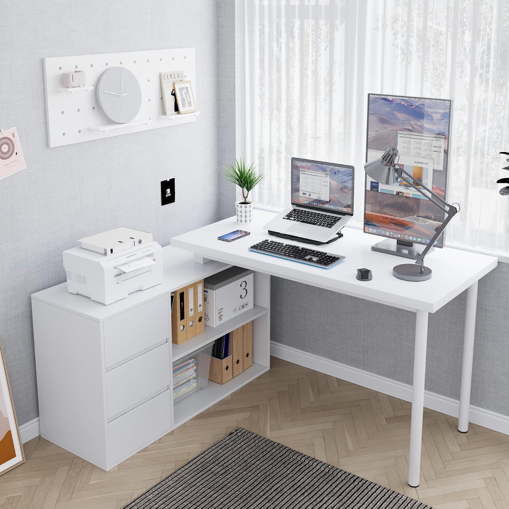 Home Office Computer Desk Corner Desk with 3 Drawers and 2 Shelves, 53-inch L-Shaped Study Desk with Storage, White